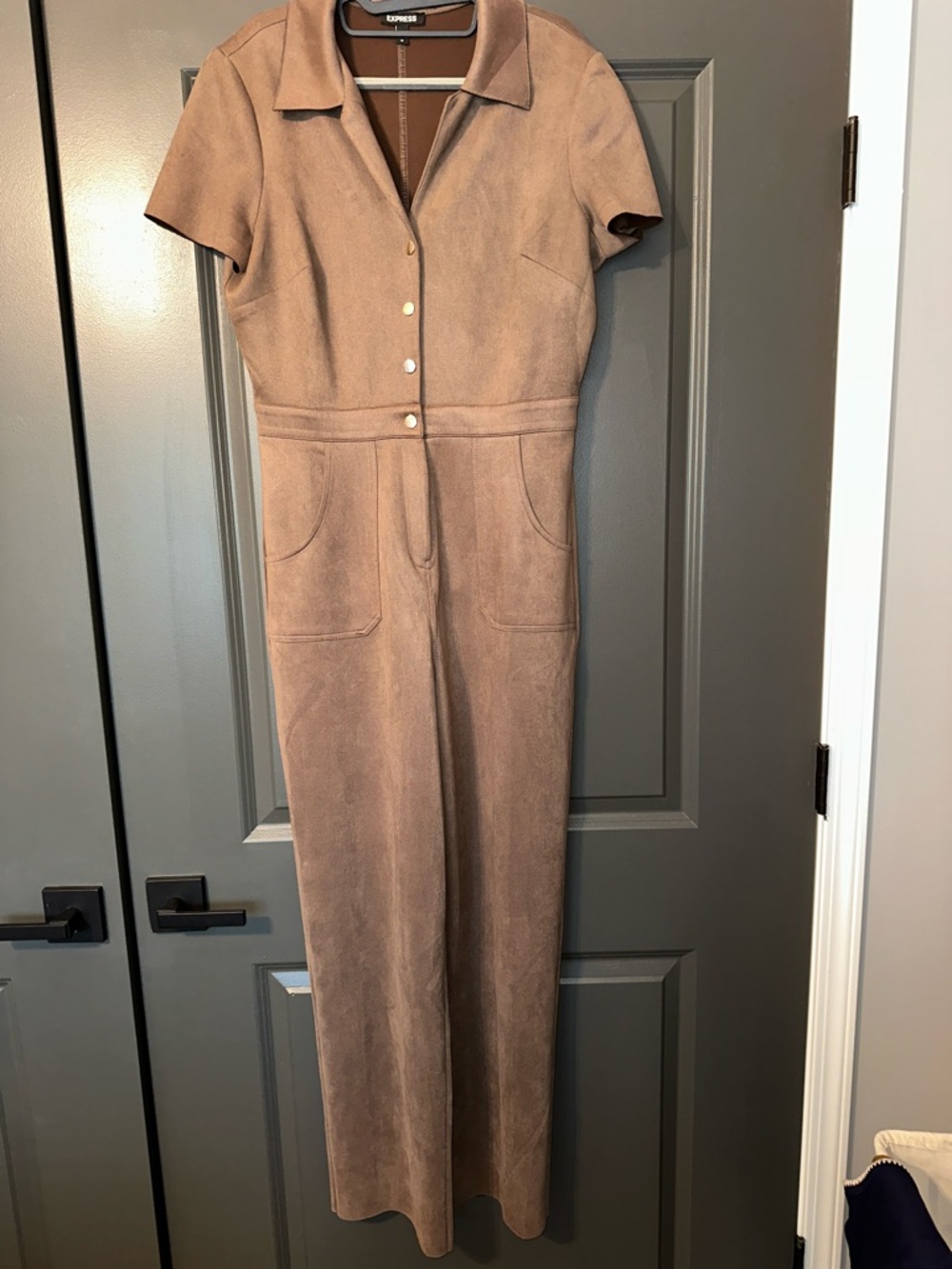 Express Taupe Short-Sleeve Faux-Suede Jumpsuit
